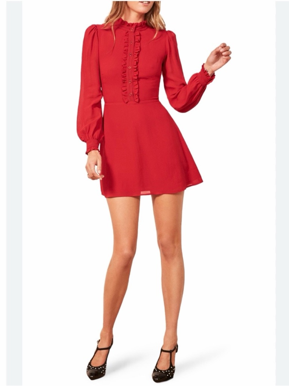 Reformation Mathilda Red Ruffle-Front Long Sleeve Mini Dress size 4